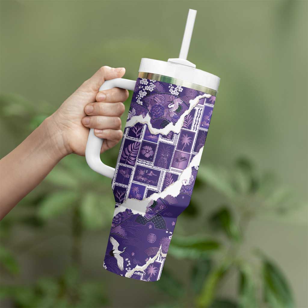 Hawaii Japanese Culture Purple Tumbler With Handle Spring Cranes Aloha Pattern