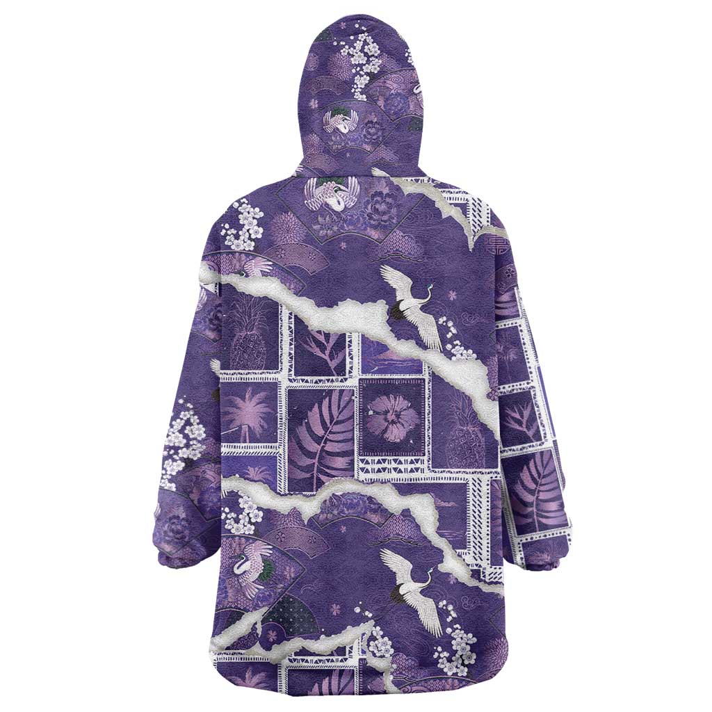 Hawaii Japanese Culture Purple Wearable Blanket Hoodie Spring Cranes Aloha Pattern LT01 - Polynesian Pride