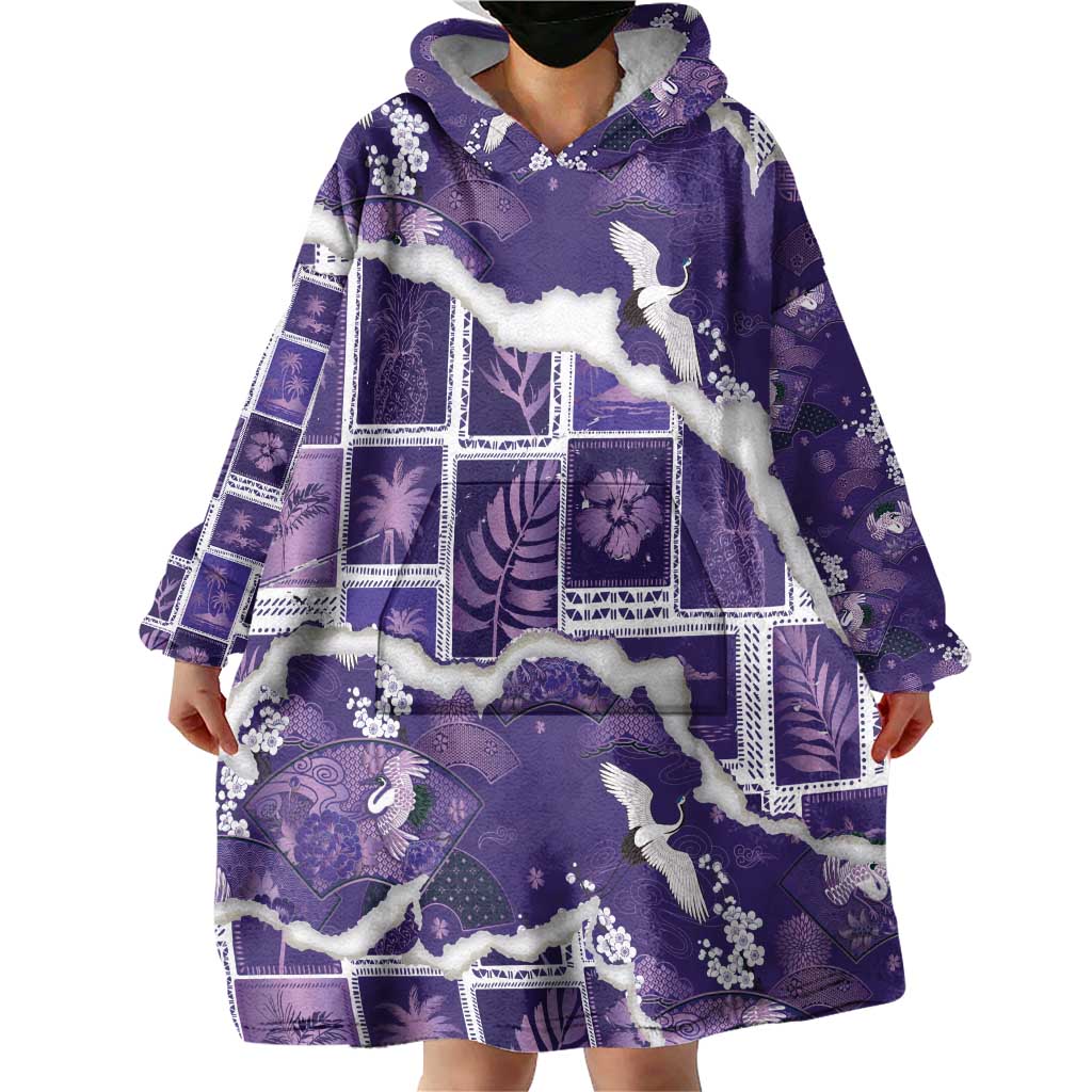Hawaii Japanese Culture Purple Wearable Blanket Hoodie Spring Cranes Aloha Pattern LT01 - Polynesian Pride