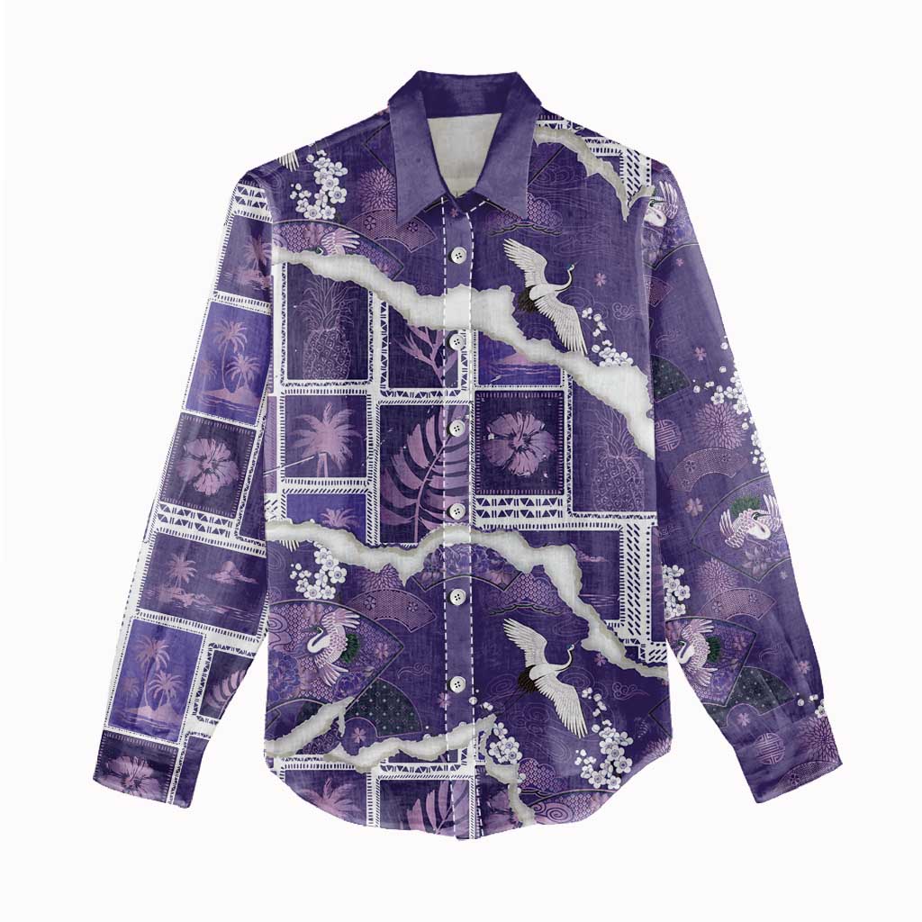 Hawaii Japanese Culture Purple Women Casual Shirt Spring Cranes Aloha Pattern LT01 - Polynesian Pride