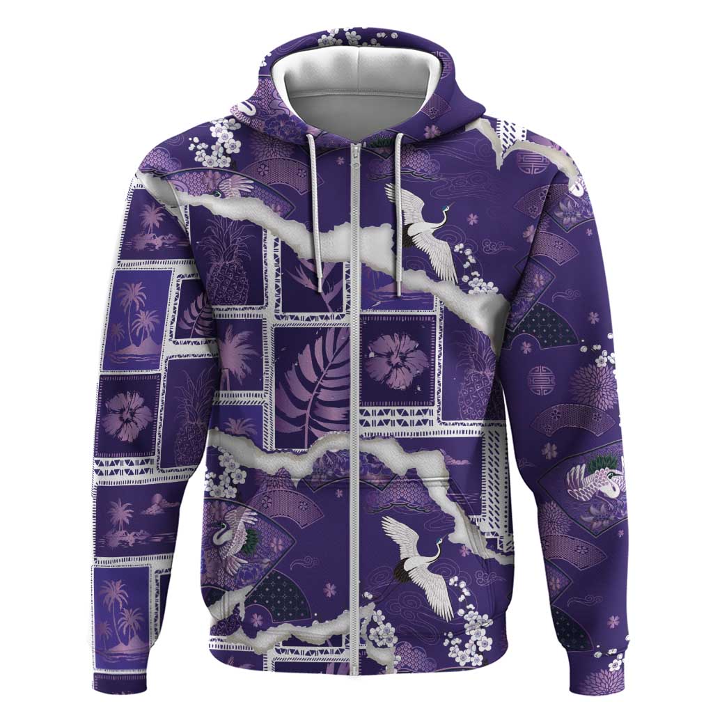 Hawaii Japanese Culture Purple Zip Hoodie Spring Cranes Aloha Pattern
