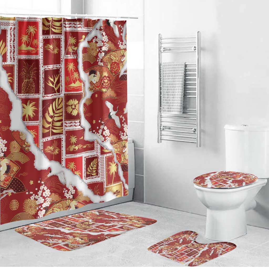 Hawaii Japanese Culture Red Bathroom Set Spring Cranes Aloha Pattern