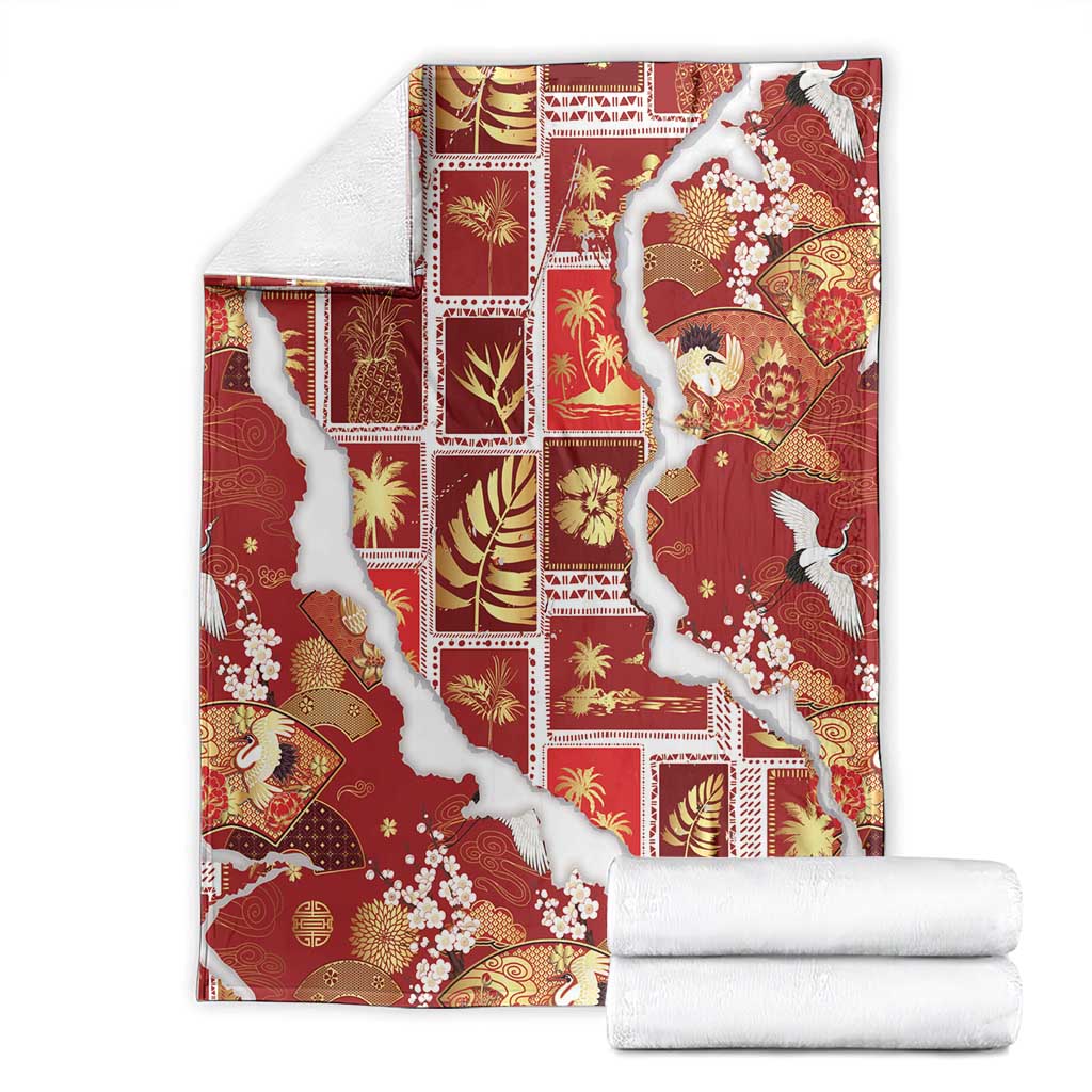 Hawaii Japanese Culture Red Blanket Spring Cranes Aloha Pattern