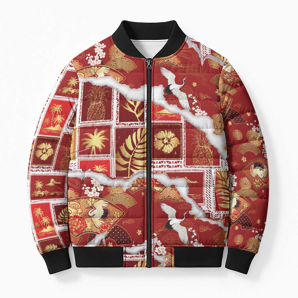 Hawaii Japanese Culture Red Bomber Puffer Jacket Spring Cranes Aloha Pattern