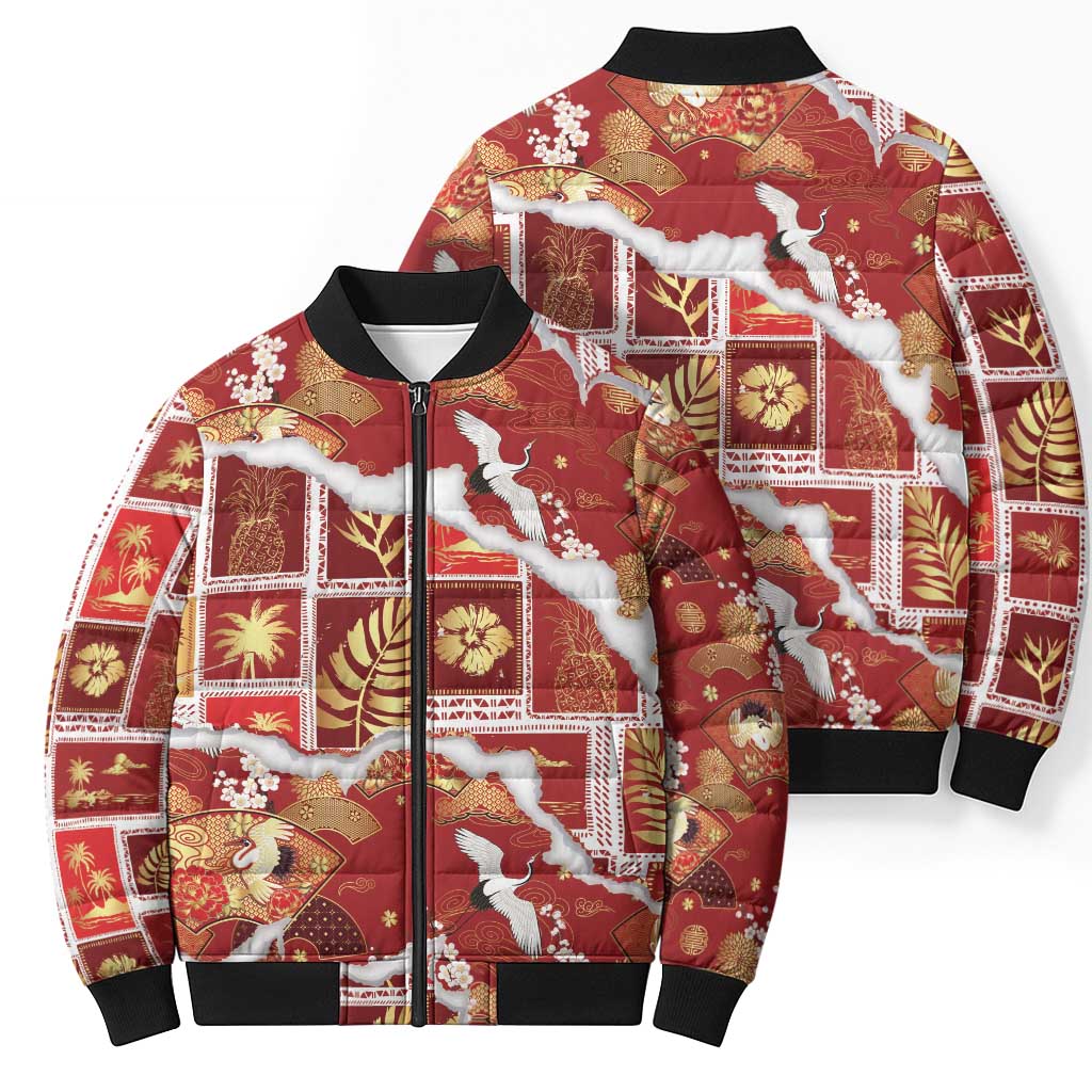 Hawaii Japanese Culture Red Bomber Puffer Jacket Spring Cranes Aloha Pattern