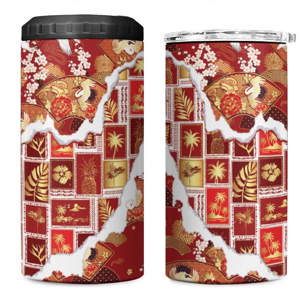 Hawaii Japanese Culture Red 4 in 1 Can Cooler Tumbler Spring Cranes Aloha Pattern LT01 One Size: 16 oz Red - Polynesian Pride