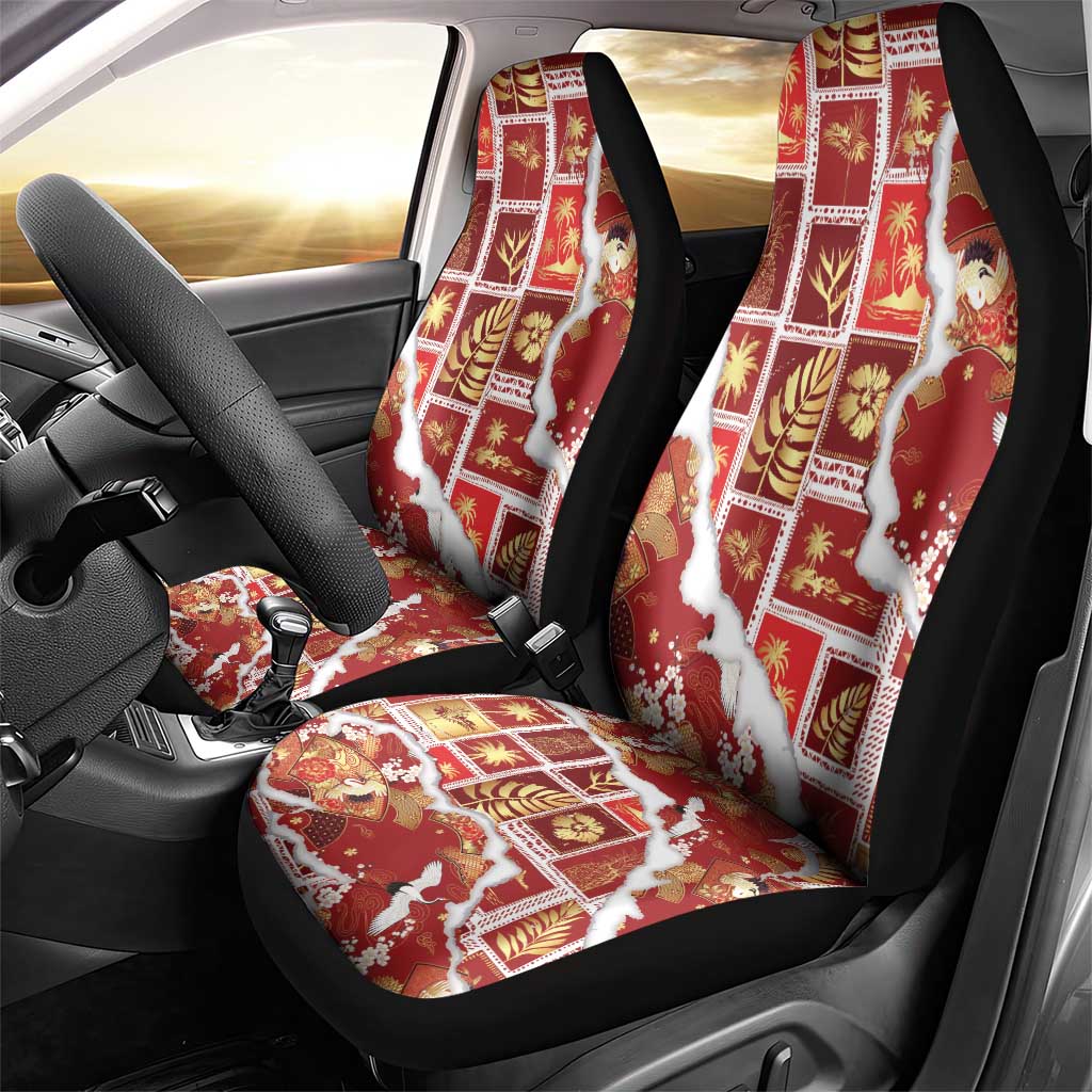 Hawaii Japanese Culture Red Car Seat Cover Spring Cranes Aloha Pattern