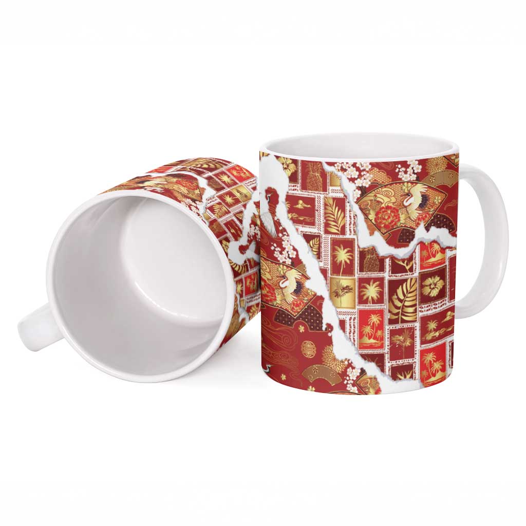 Hawaii Japanese Culture Red Ceramic Mug Spring Cranes Aloha Pattern