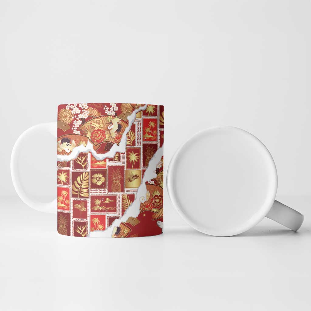 Hawaii Japanese Culture Red Ceramic Mug Spring Cranes Aloha Pattern