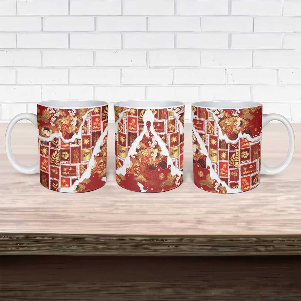Hawaii Japanese Culture Red Ceramic Mug Spring Cranes Aloha Pattern