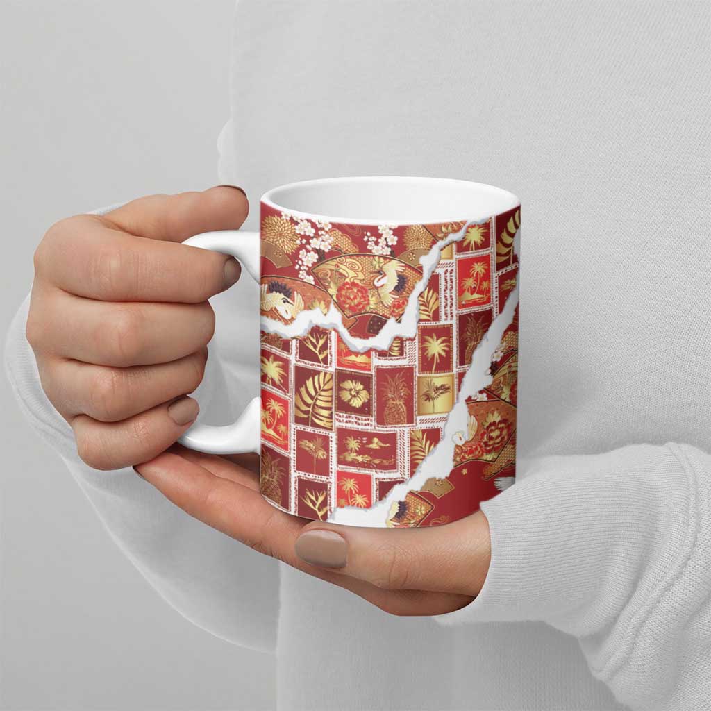 Hawaii Japanese Culture Red Ceramic Mug Spring Cranes Aloha Pattern