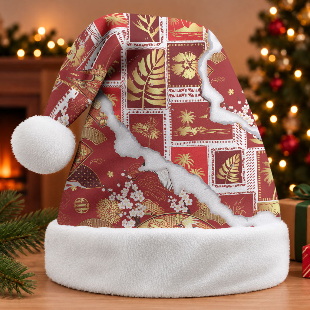 Hawaii Japanese Culture Red Christmas Santa Hat Spring Cranes Aloha Pattern LT01 Without Fur Red - Polynesian Pride