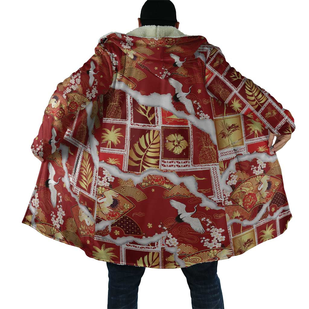 Hawaii Japanese Culture Red Cloak Spring Cranes Aloha Pattern
