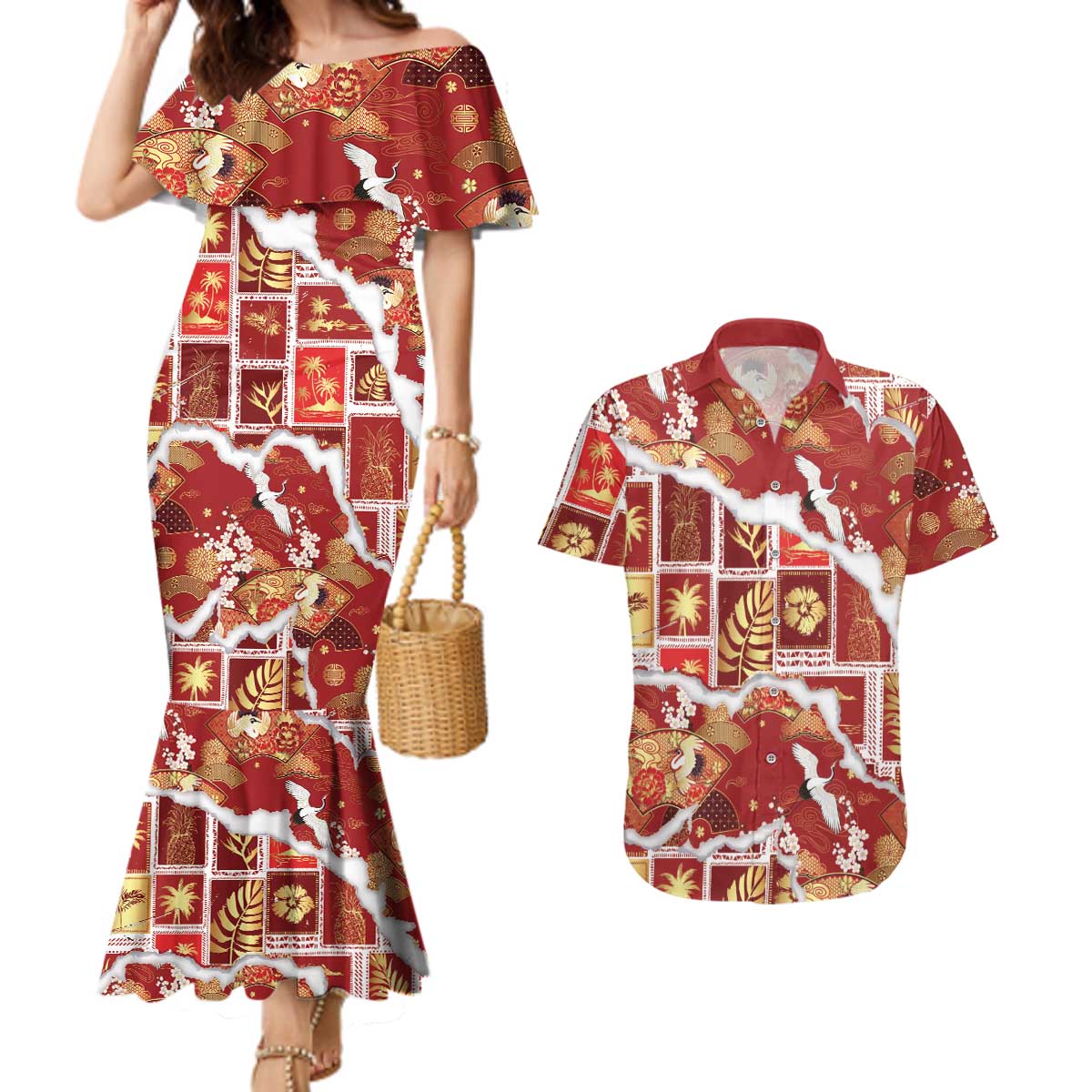 Hawaii Japanese Culture Red Couples Matching Mermaid Dress and Hawaiian Shirt Spring Cranes Aloha Pattern LT01 Red - Polynesian Pride