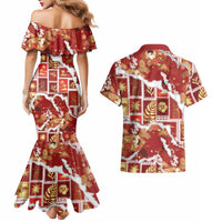 Hawaii Japanese Culture Red Couples Matching Mermaid Dress and Hawaiian Shirt Spring Cranes Aloha Pattern LT01 - Polynesian Pride