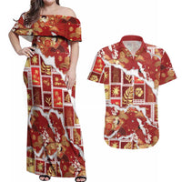 Hawaii Japanese Culture Red Couples Matching Off Shoulder Maxi Dress and Hawaiian Shirt Spring Cranes Aloha Pattern