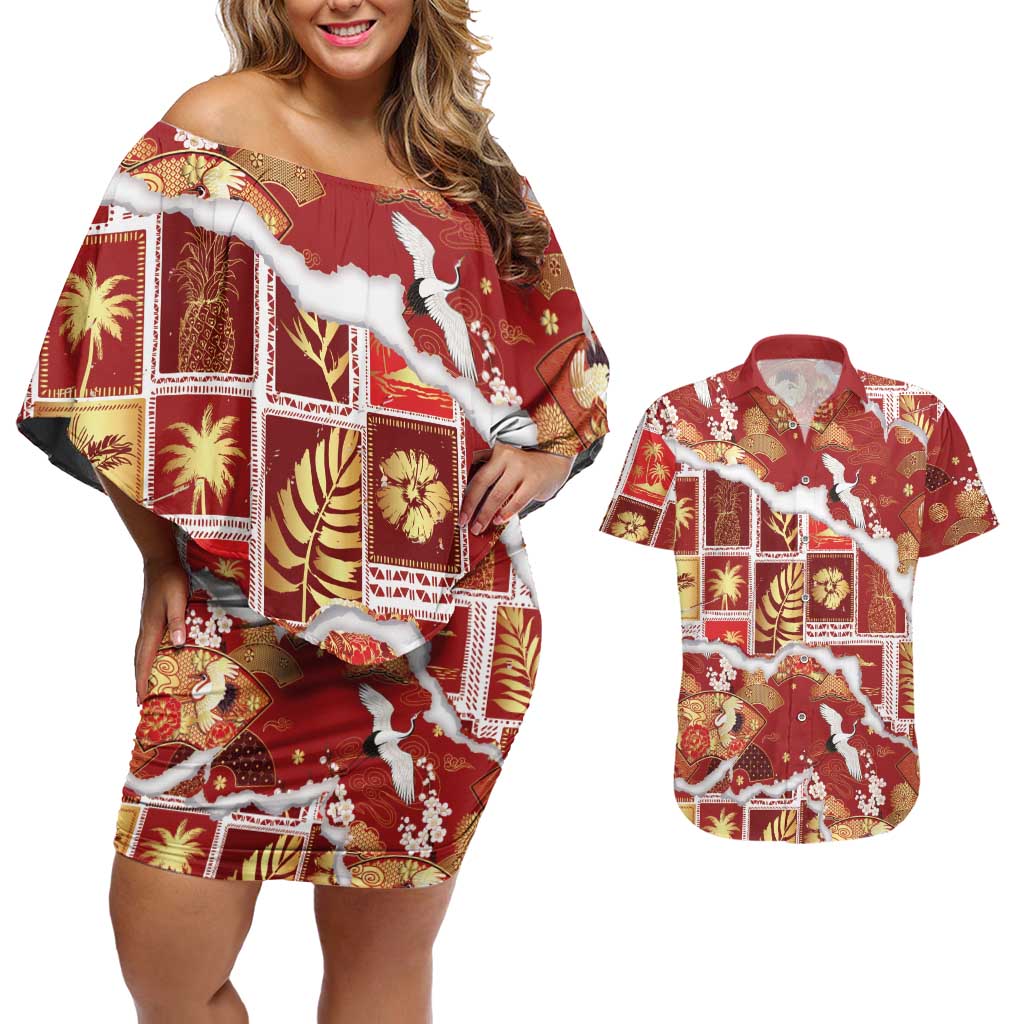 Hawaii Japanese Culture Red Couples Matching Off Shoulder Short Dress and Hawaiian Shirt Spring Cranes Aloha Pattern