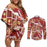 Hawaii Japanese Culture Red Couples Matching Off Shoulder Short Dress and Long Sleeve Button Shirt Spring Cranes Aloha Pattern
