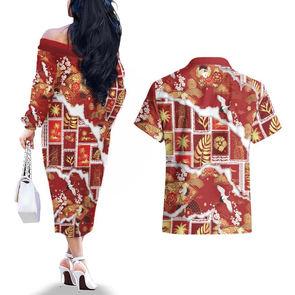 Hawaii Japanese Culture Red Couples Matching Off The Shoulder Long Sleeve Dress and Hawaiian Shirt Spring Cranes Aloha Pattern LT01 - Polynesian Pride