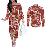 Hawaii Japanese Culture Red Couples Matching Off The Shoulder Long Sleeve Dress and Long Sleeve Button Shirt Spring Cranes Aloha Pattern LT01 Red - Polynesian Pride