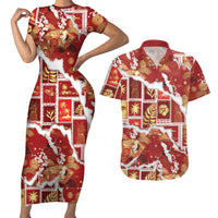 Hawaii Japanese Culture Red Couples Matching Short Sleeve Bodycon Dress and Hawaiian Shirt Spring Cranes Aloha Pattern LT01 Red - Polynesian Pride