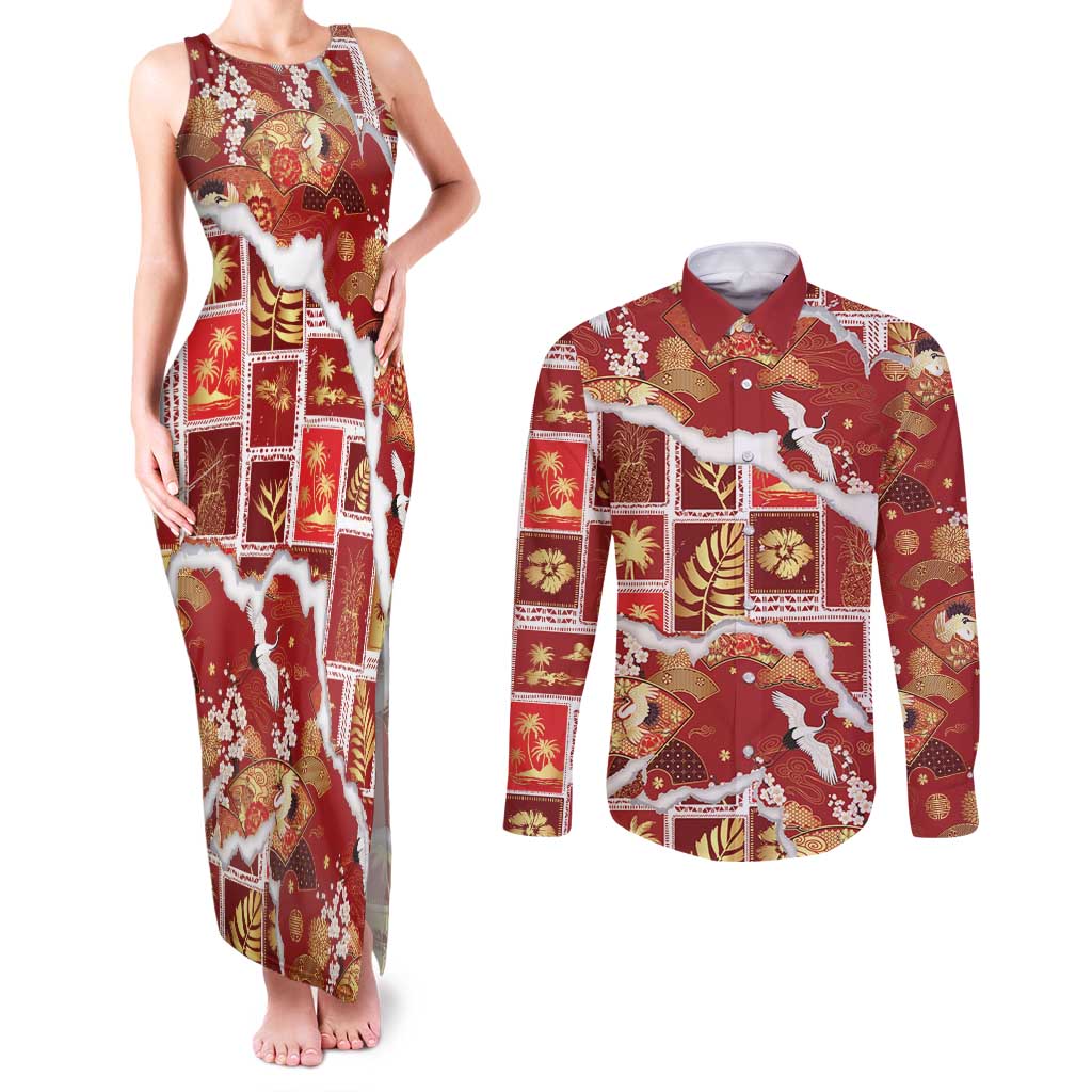 Hawaii Japanese Culture Red Couples Matching Tank Maxi Dress and Long Sleeve Button Shirt Spring Cranes Aloha Pattern