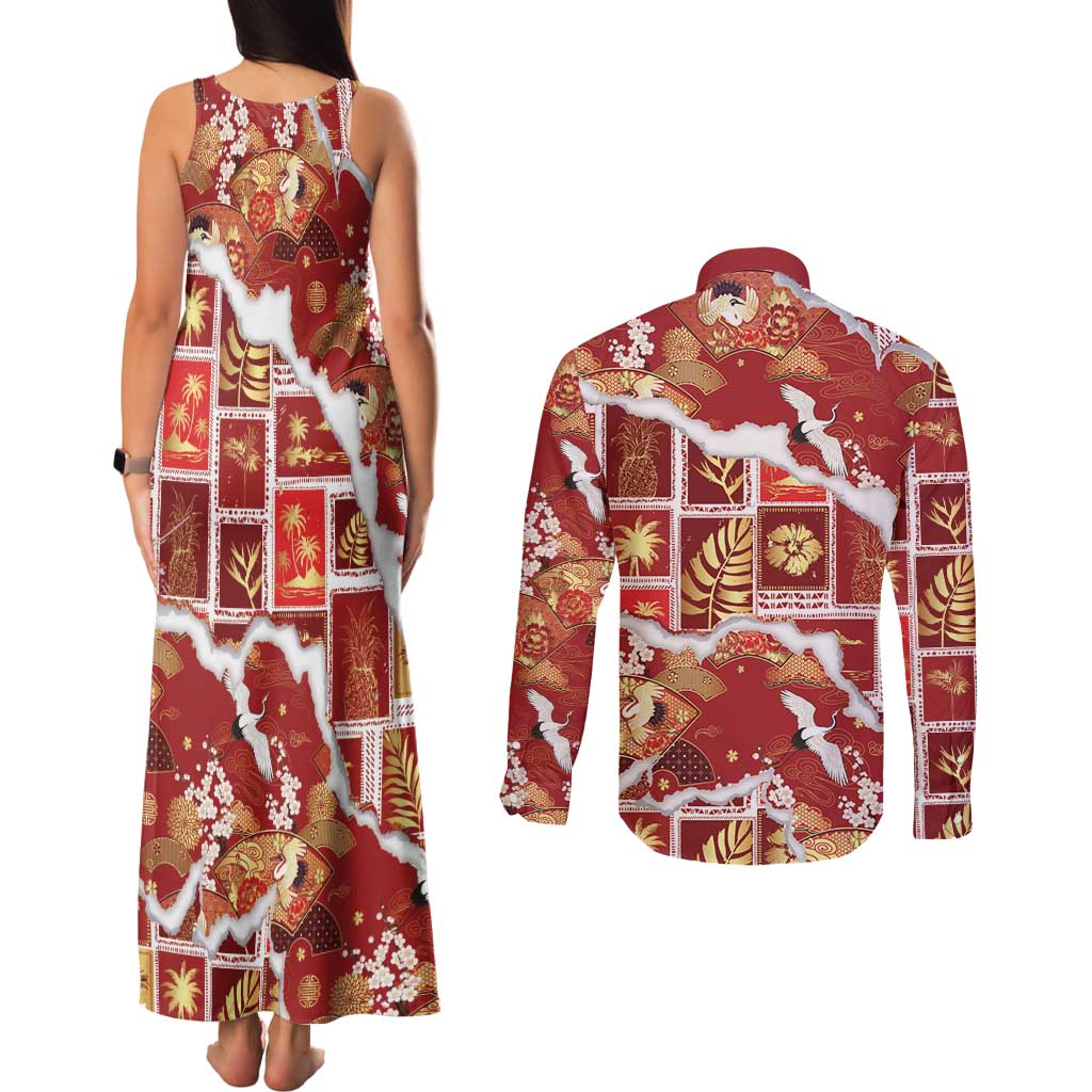 Hawaii Japanese Culture Red Couples Matching Tank Maxi Dress and Long Sleeve Button Shirt Spring Cranes Aloha Pattern