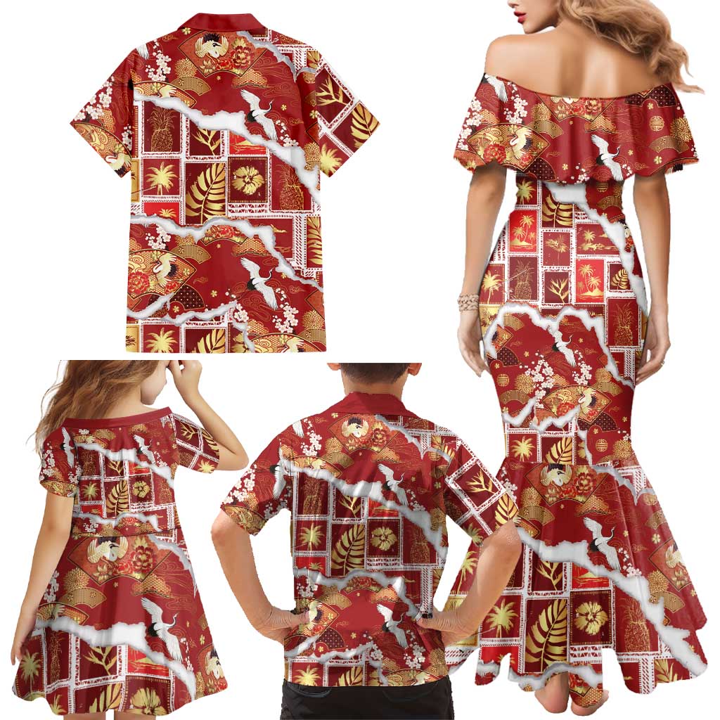 Hawaii Japanese Culture Red Family Matching Mermaid Dress and Hawaiian Shirt Spring Cranes Aloha Pattern LT01 - Polynesian Pride