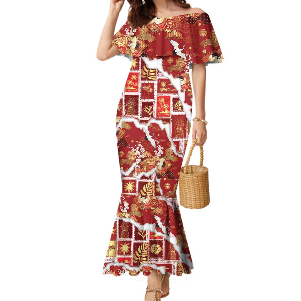 Hawaii Japanese Culture Red Family Matching Mermaid Dress and Hawaiian Shirt Spring Cranes Aloha Pattern LT01 Mom's Dress Red - Polynesian Pride