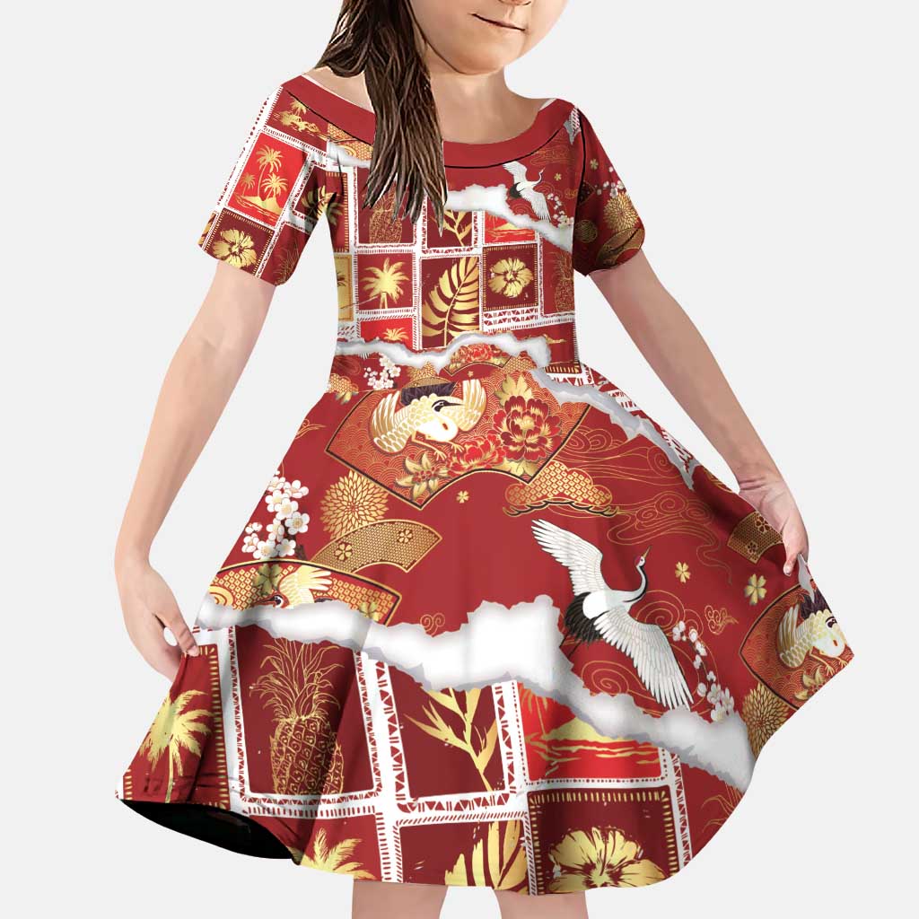 Hawaii Japanese Culture Red Family Matching Off The Shoulder Long Sleeve Dress and Hawaiian Shirt Spring Cranes Aloha Pattern LT01 Daughter's Dress Red - Polynesian Pride