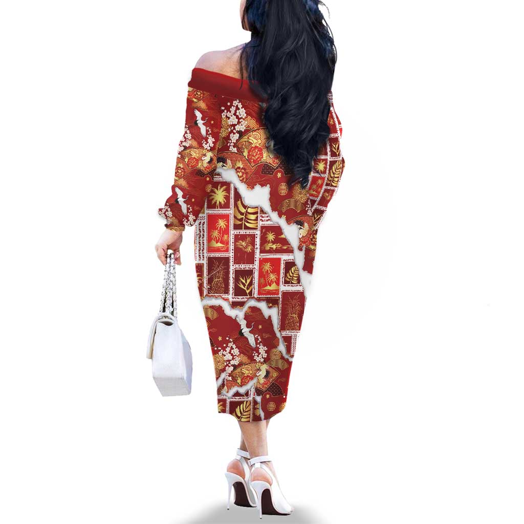 Hawaii Japanese Culture Red Family Matching Off The Shoulder Long Sleeve Dress and Hawaiian Shirt Spring Cranes Aloha Pattern LT01 - Polynesian Pride