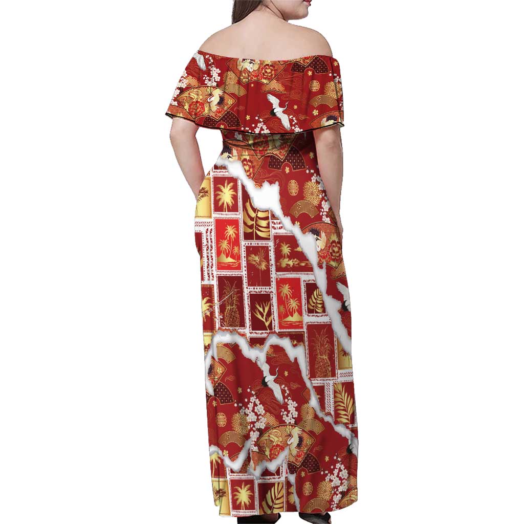 Hawaii Japanese Culture Red Family Matching Off Shoulder Maxi Dress and Hawaiian Shirt Spring Cranes Aloha Pattern LT01 - Polynesian Pride