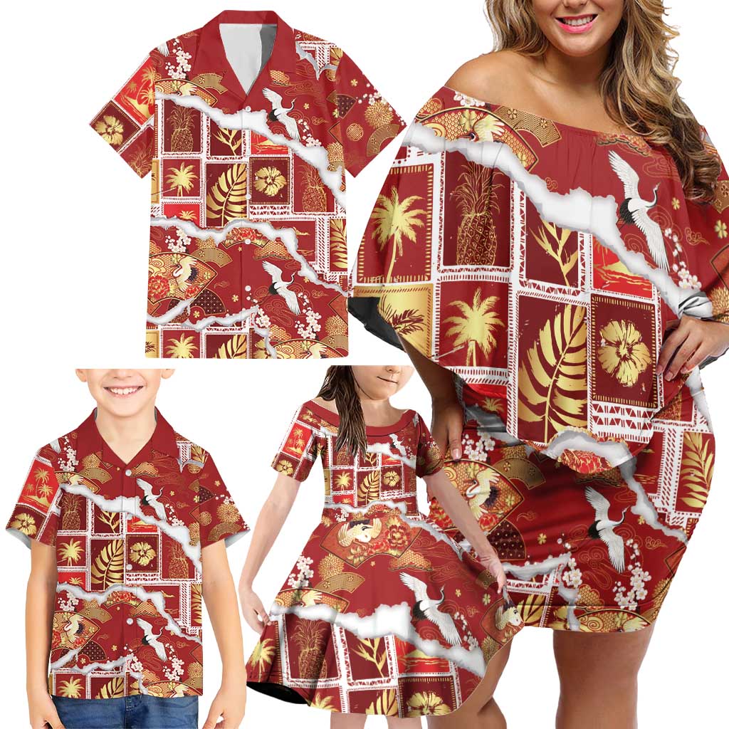 Hawaii Japanese Culture Red Family Matching Off Shoulder Short Dress and Hawaiian Shirt Spring Cranes Aloha Pattern LT01 - Polynesian Pride