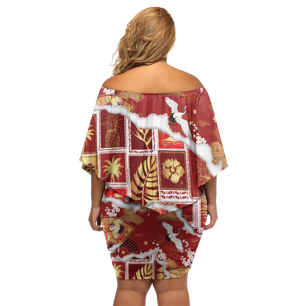 Hawaii Japanese Culture Red Family Matching Off Shoulder Short Dress and Hawaiian Shirt Spring Cranes Aloha Pattern LT01 - Polynesian Pride