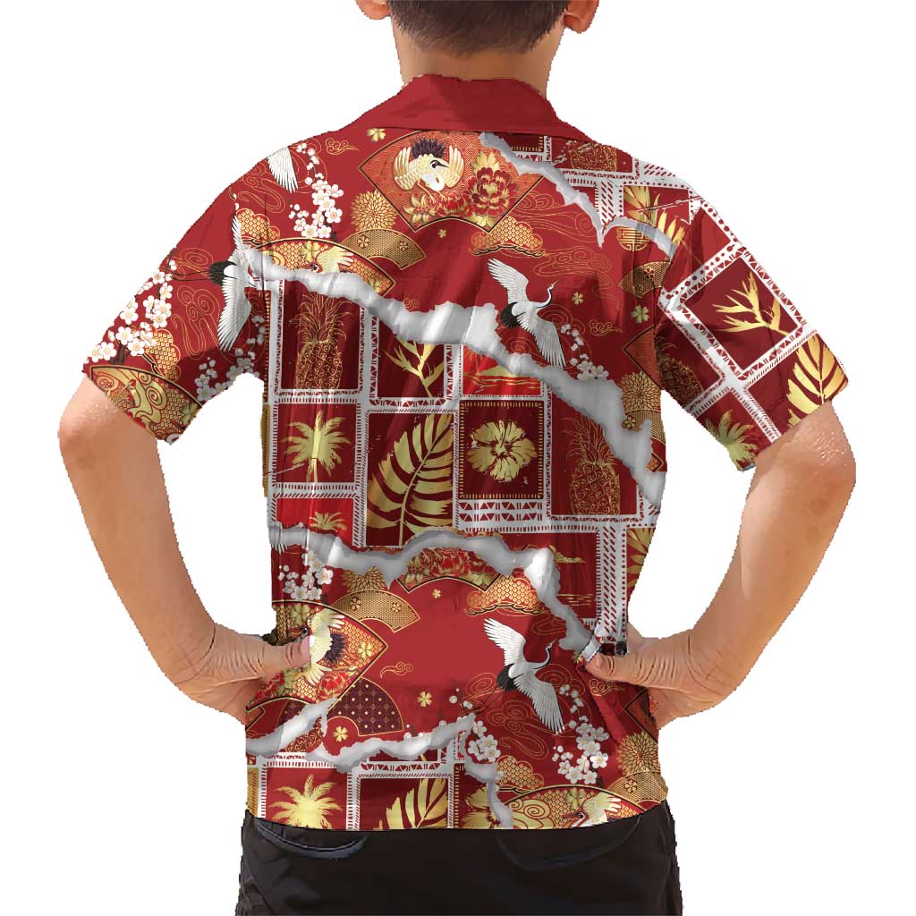 Hawaii Japanese Culture Red Family Matching Puletasi and Hawaiian Shirt Spring Cranes Aloha Pattern LT01 - Polynesian Pride