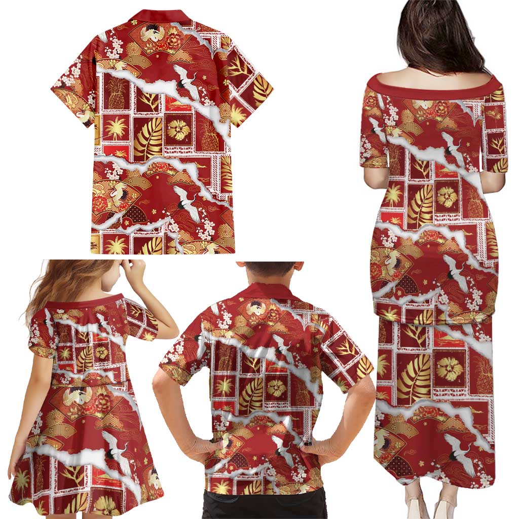 Hawaii Japanese Culture Red Family Matching Puletasi and Hawaiian Shirt Spring Cranes Aloha Pattern LT01 - Polynesian Pride