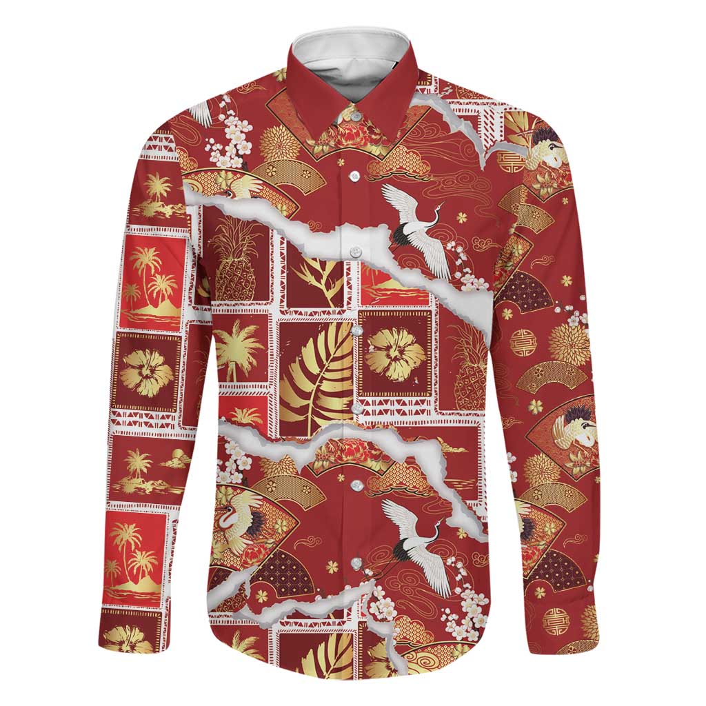Hawaii Japanese Culture Red Family Matching Puletasi and Hawaiian Shirt Spring Cranes Aloha Pattern LT01 Dad's Shirt - Long Sleeve Red - Polynesian Pride