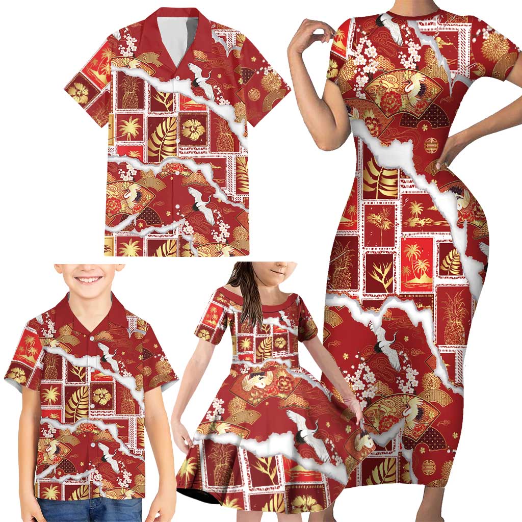 Hawaii Japanese Culture Red Family Matching Short Sleeve Bodycon Dress and Hawaiian Shirt Spring Cranes Aloha Pattern