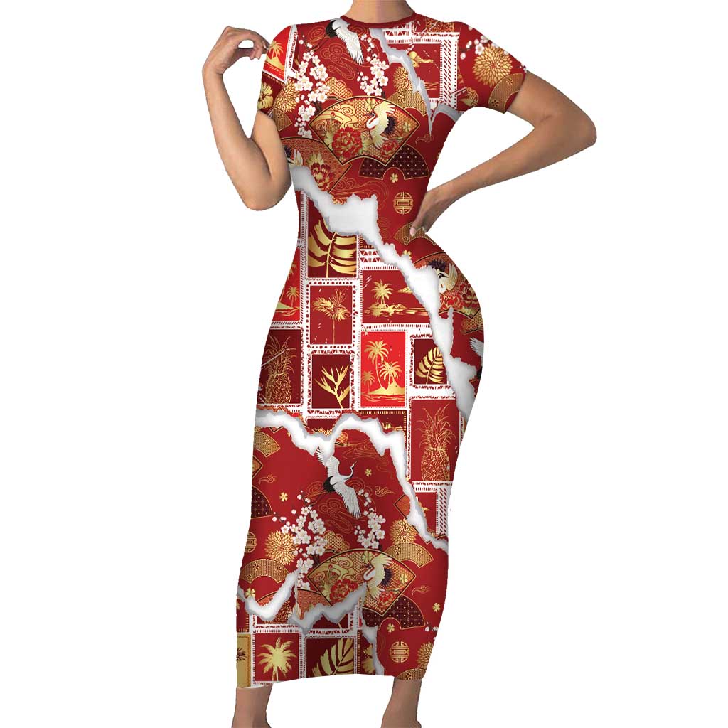 Hawaii Japanese Culture Red Family Matching Short Sleeve Bodycon Dress and Hawaiian Shirt Spring Cranes Aloha Pattern LT01 Mom's Dress Red - Polynesian Pride