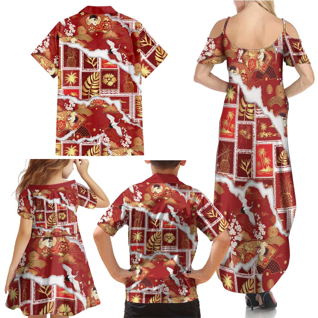 Hawaii Japanese Culture Red Family Matching Summer Maxi Dress and Hawaiian Shirt Spring Cranes Aloha Pattern LT01 - Polynesian Pride