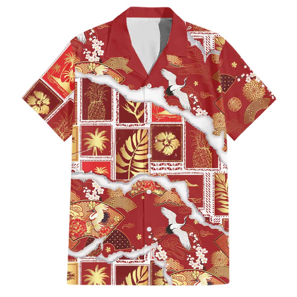 Hawaii Japanese Culture Red Family Matching Tank Maxi Dress and Hawaiian Shirt Spring Cranes Aloha Pattern LT01 Dad's Shirt - Short Sleeve Red - Polynesian Pride