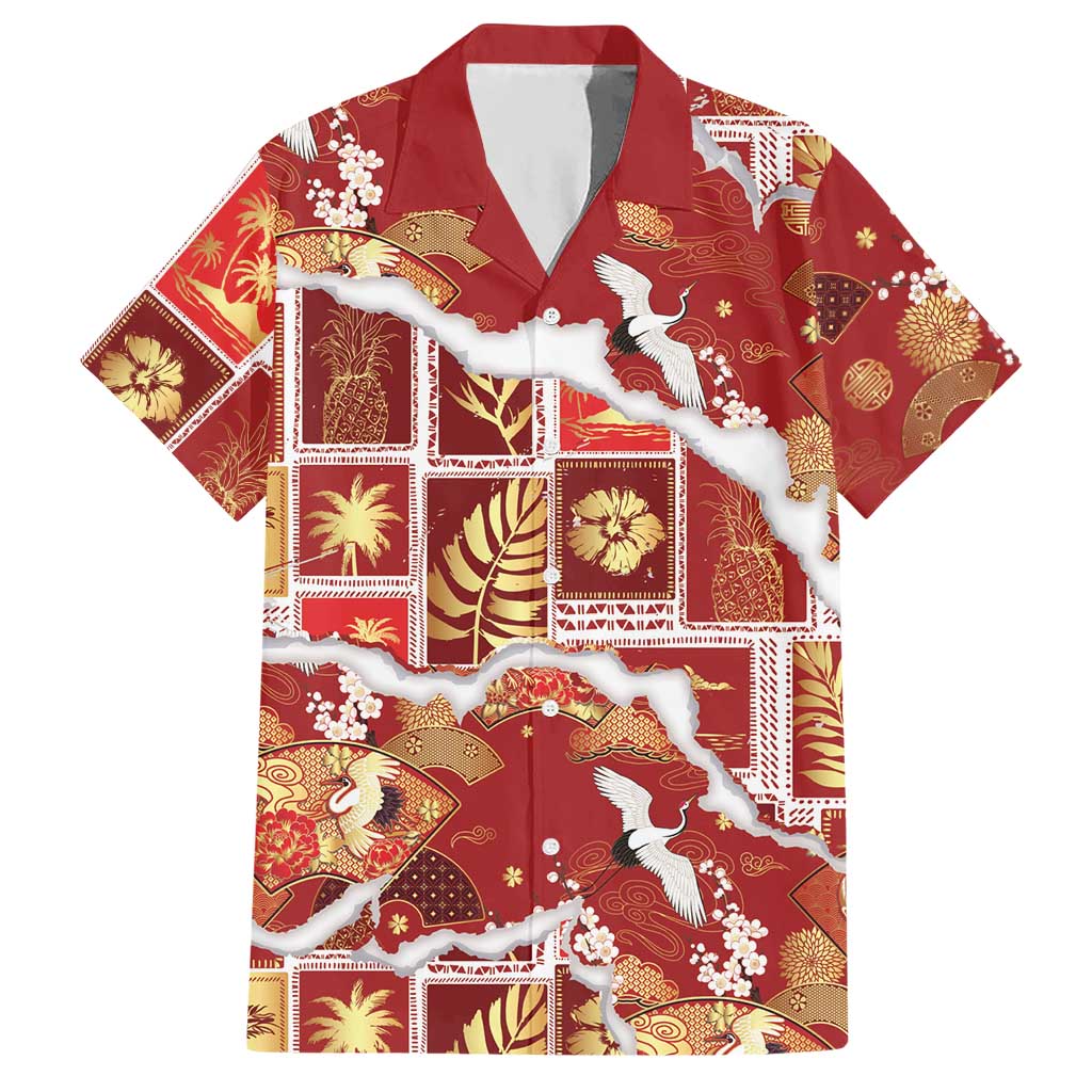 Hawaii Japanese Culture Red Hawaiian Shirt Spring Cranes Aloha Pattern