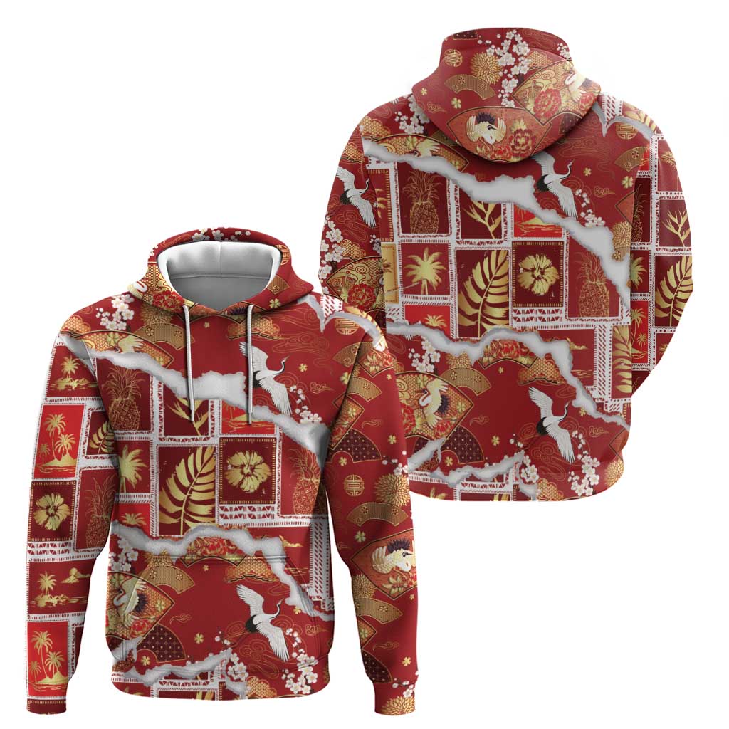 Hawaii Japanese Culture Red Hoodie Spring Cranes Aloha Pattern