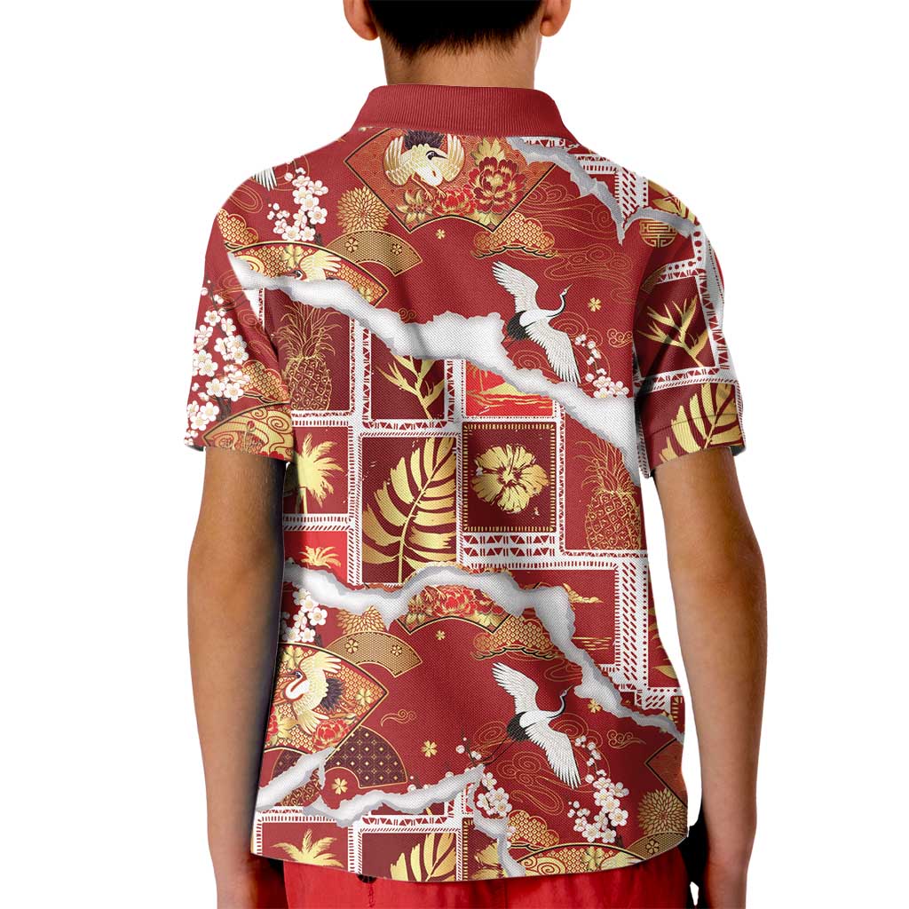 Hawaii Japanese Culture Red Kid Polo Shirt Spring Cranes Aloha Pattern