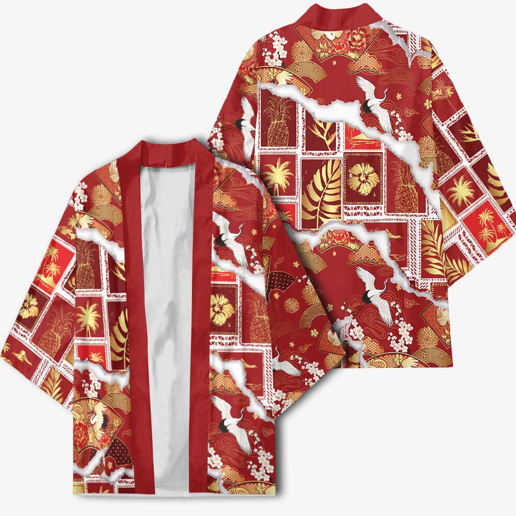 Hawaii Japanese Culture Red Kimono Spring Cranes Aloha Pattern