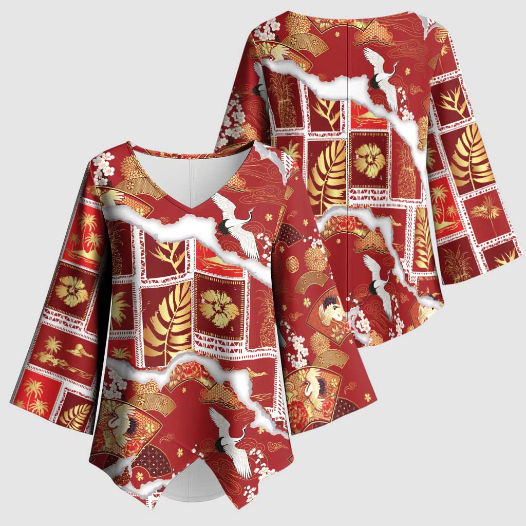 Hawaii Japanese Culture Red Kimono Sleeve Blouse Spring Cranes Aloha Pattern