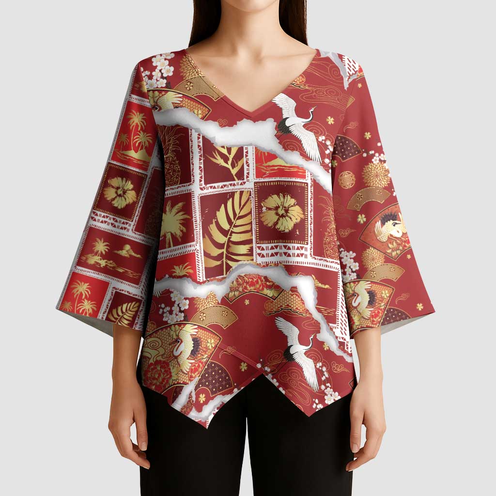 Hawaii Japanese Culture Red Kimono Sleeve Blouse Spring Cranes Aloha Pattern