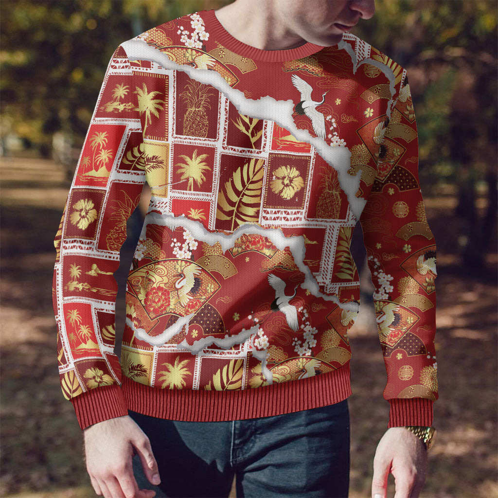 Hawaii Japanese Culture Red Ugly Christmas Sweater Spring Cranes Aloha Pattern LT01 - Polynesian Pride
