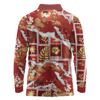 Hawaii Japanese Culture Red Long Sleeve Polo Shirt Spring Cranes Aloha Pattern