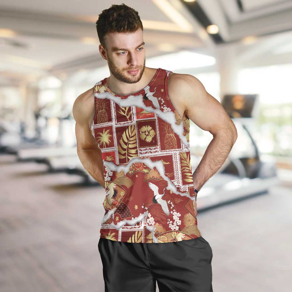 Hawaii Japanese Culture Red Men Tank Top Spring Cranes Aloha Pattern